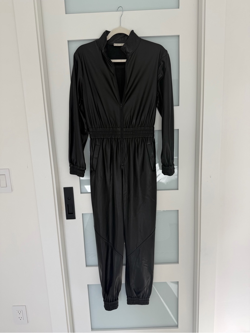 Alice + Olivia Black Faux-Leather Utility Jumpsuit
